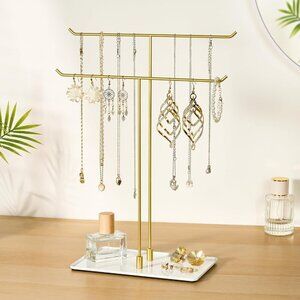 Gold minimalist necklace stand, 14.5-inch T-shape jewelry holder with 2 tiers, e